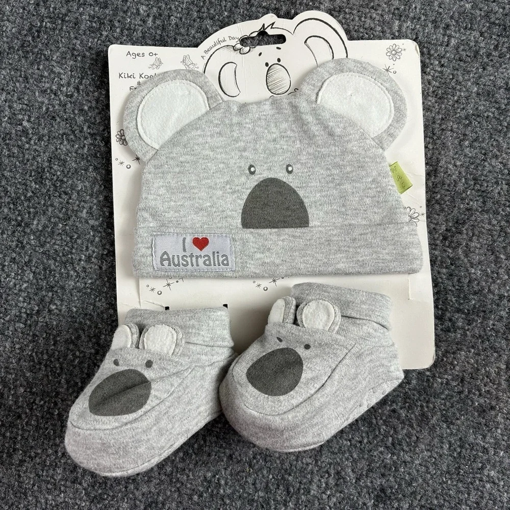 VTG Y2K Kiki Koala & Friends Baby 0–6M Gray Hat Booties Set Animal Australia